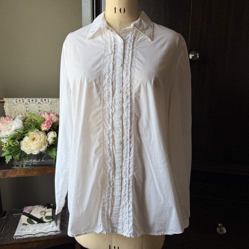Olsen Ruffle Front Button Shirt Long Sleeve Stretch White Blouse L Classic